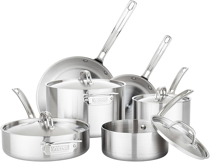Bộ dụng cụ cao cấp nấu ăn bằng thép không gỉ 5 lớp chuyên nghiệp của Viking Culinary, 10 chiếc, Máy rửa chén, Lò nướng an toàn, Hoạt động trên tất cả các bếp kể cả bếp từ