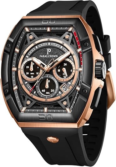 Đồng hồ Paras Crown dành cho nam Tonneau 5ATM chống nước thạch anh sang trọng Chronograph Analog Đồng hồ đeo tay nam Vỏ thép không gỉ Đồng hồ nam