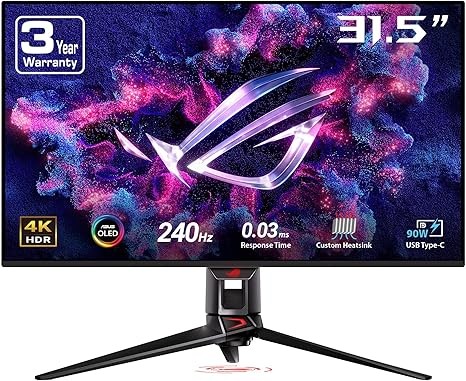 ASUS ROG Swift 32” 4K OLED Gaming Monitor (PG32UCDM) - UHD (3840 x 2160), QD-OLED, 240Hz, 0.03ms, G-SYNC Compatible, Custom Heatsink, Graphene Film, 99% DCI-P3, True 10-bit, 90W USB-C