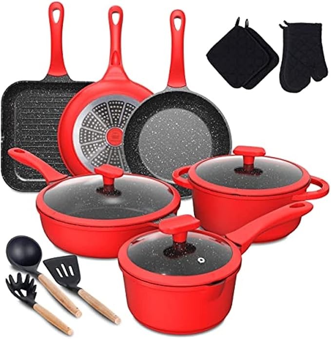 Bộ Nồi Và Chảo, Bộ Nồi 16 Món, Lớp Phủ Đá Granite Chống Dính, Dụng Cụ Nấu Ăn Nhà Bếp Cảm Ứng Dễ Dàng Vệ Sinh