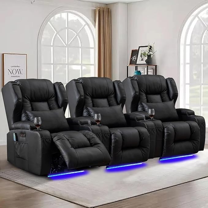 Bộ 3 ghế ngả điện có chức năng massage và sưởi ấm, ghế sofa rạp hát tại nhà nhồi bông, ghế sofa chơi game xem phim điện tử có thể ngả lưng, ghế ngủ có đèn LED, giá để cốc, điều khiển từ xa