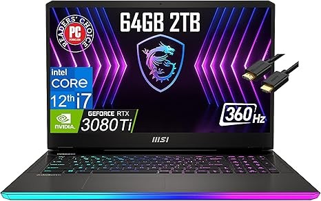 MSI GE77HX Raider 17.3" 360Hz (Intel thế hệ thứ 12 i7-12800HX, NVIDIA GeForce RTX 3080 Ti 16GB 175W, RAM DDR5 64GB, SSD PCIe 2TB) Máy tính xách tay chơi game viền mỏng FHD, Đèn nền RGB, Cáp IST, Win 11 Home