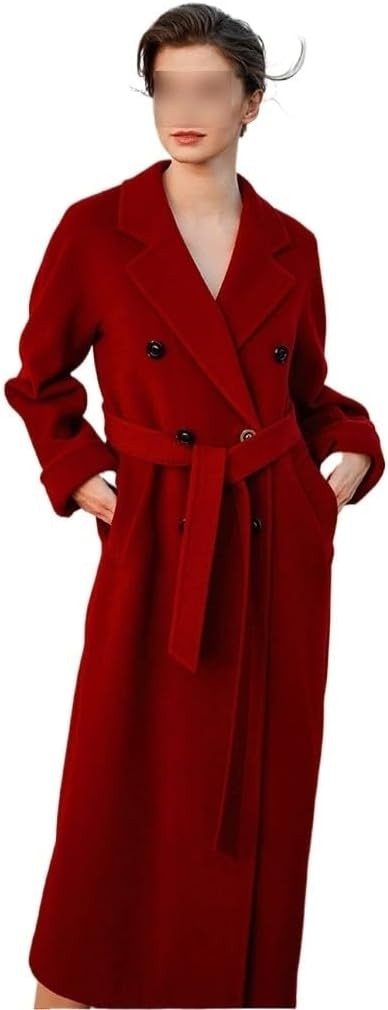 Áo khoác cashmere hai mặt cao cấp màu đỏ dành cho nữ dáng dài, áo khoác len rộng rãi, dáng thu đông